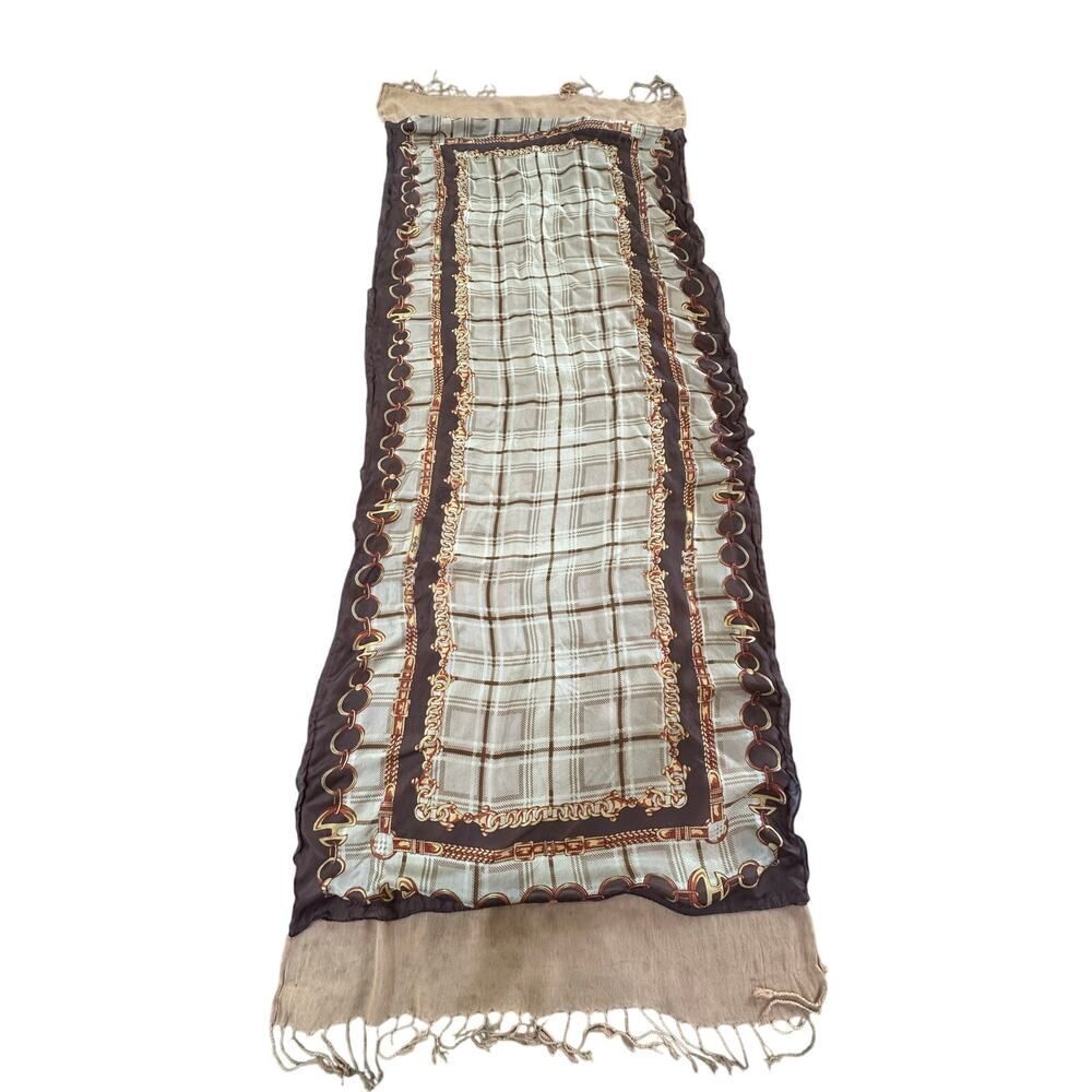 Equestrian Chain Motif 100% Silk Long 58”L x 25.5”W Gold Cowgirl Western Scarf - Picture 10 of 11